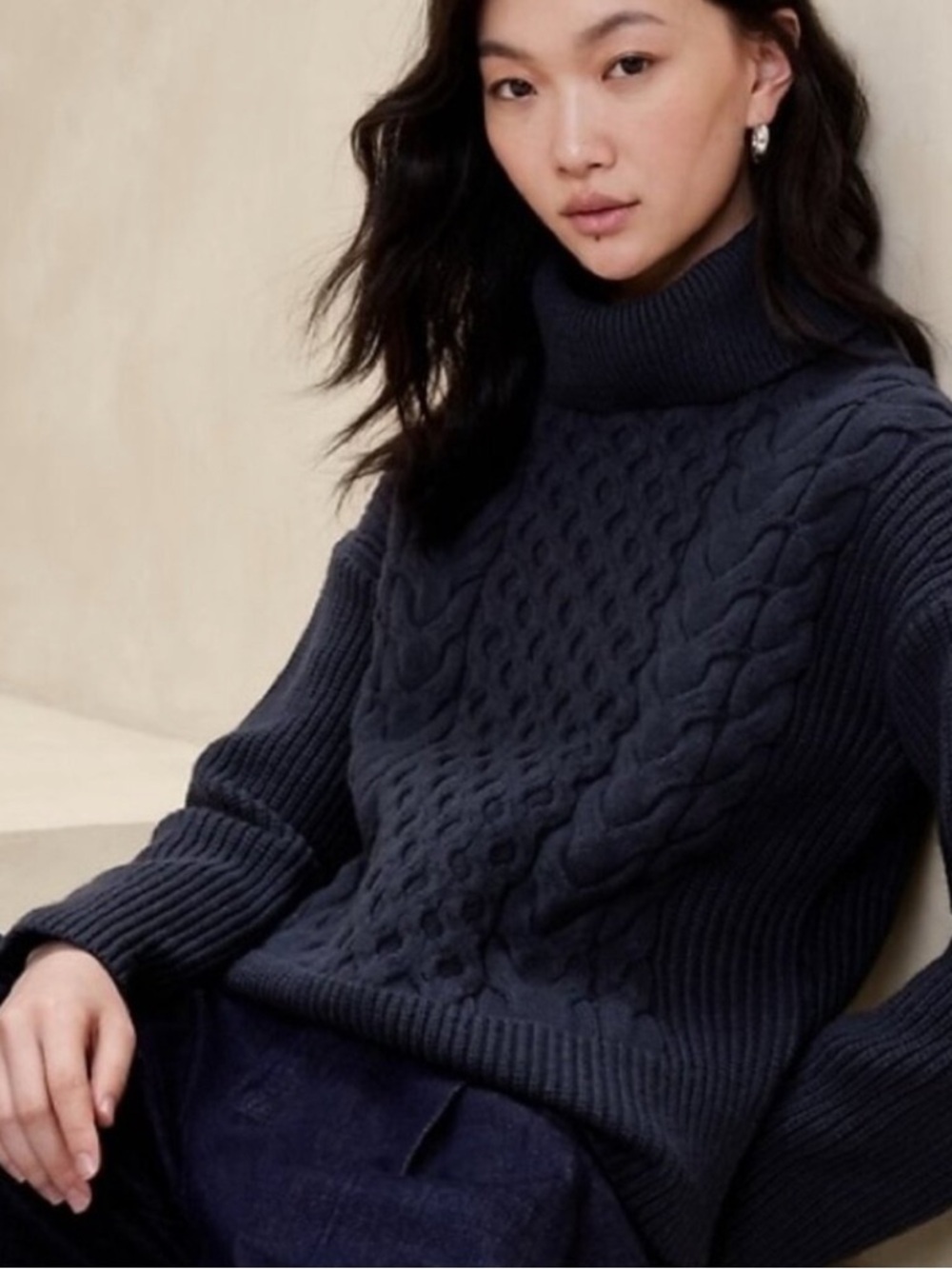 NWT Banana Republic Turtleneck Cable-Knit Sweater in Dark Navy